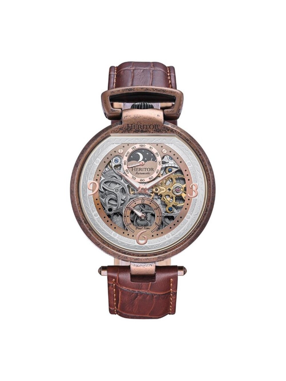 NWT Heritor Lincoln Automatic Moon Phase Rose Gold Dial Men's Watch